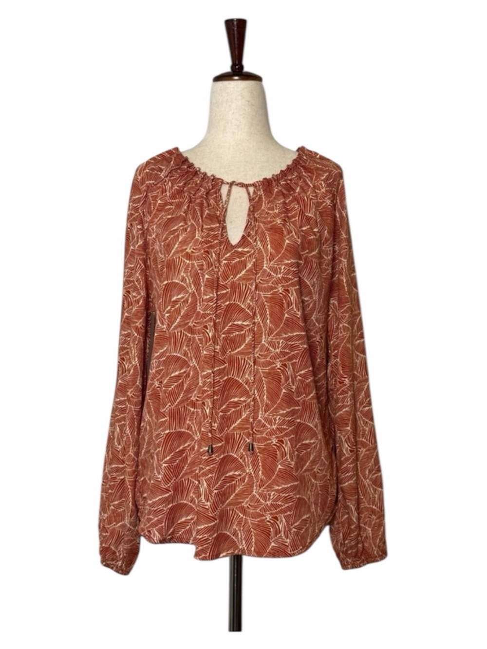 Bohme NWT Leaf Print Blouse XS Rust Brown Tie Neck Long Sleeve Rayon